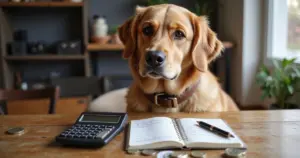 Golden Retriever mit Haushaltsrechner und Münzen auf dem Tisch – tierisch-sparen.de zeigt, wie Cashback & Bonusprogramme helfen.