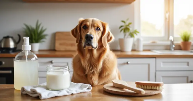 Ein Golden Retriever sitzt an einem Küchentisch mit DIY-Reinigungsmitteln – tierisch-sparen.de zeigt, wie du clever Geld sparst.