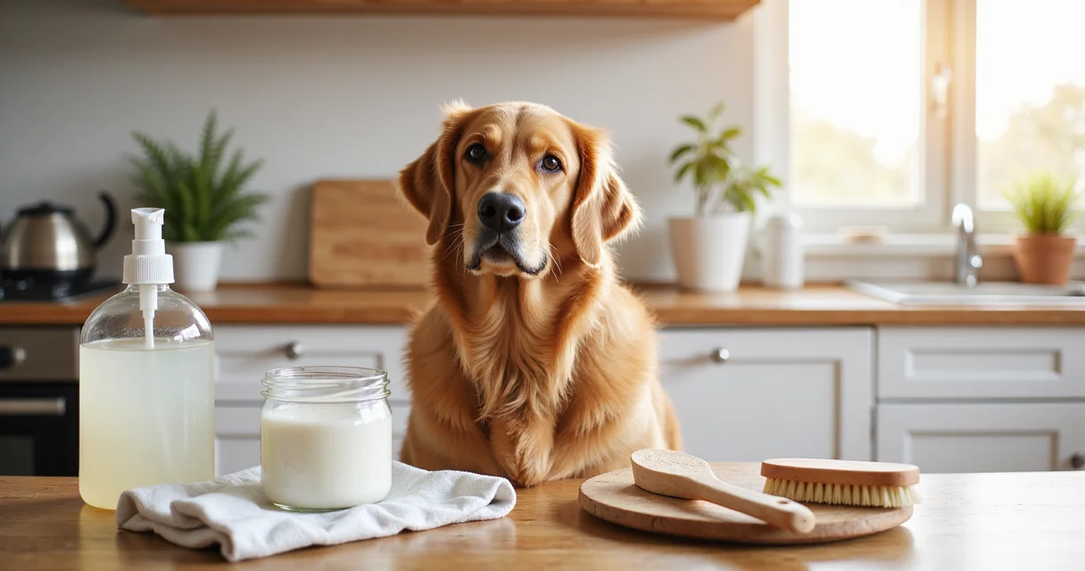 Ein Golden Retriever sitzt an einem Küchentisch mit DIY-Reinigungsmitteln – tierisch-sparen.de zeigt, wie du clever Geld sparst.