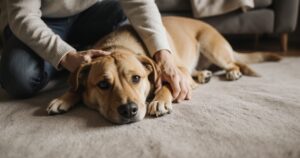 Fellpflege zu Hause bei tierisch-sparen.de – Tierhalter bürstet liebevoll seinen Hund im Wohnzimmer.