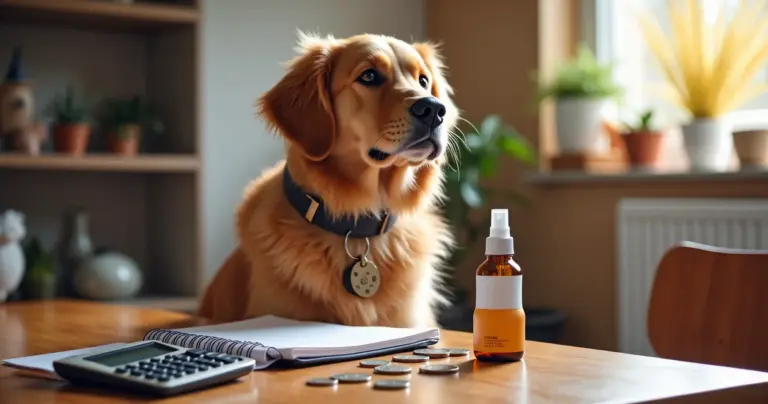 Golden Retriever mit Floh- und Zeckenschutzprodukten auf dem Tisch – Tierisch Sparen Ratgeber