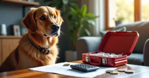 Ein Golden Retriever sitzt neben einer Futterschüssel mit frischem Gemüse – tierisch-sparen.de zeigt, wie gesunde Ernährung Tierarztkosten senkt.