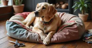 Golden Retriever liegt auf einem selbstgemachten Hundebett aus alten Decken – Tierisch Sparen Ratgeber