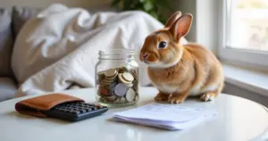 Golden Retriever neben Tisch mit Münzen und Notizbuch – Tierisch Sparen zeigt, wie Du Kostenfallen beim Haustier vermeidest.