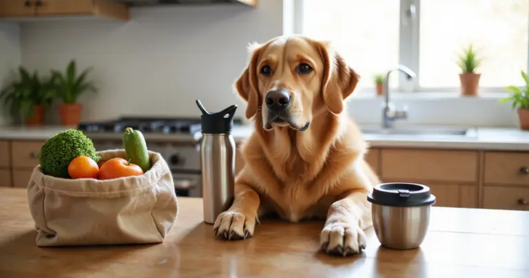 Golden Retriever sitzt am Tisch neben Mehrwegprodukten wie Flasche, Becher und Glasbox – tierisch-sparen.de zeigt nachhaltige Spartipps.