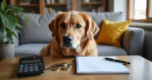 Ein Golden Retriever sitzt neben einem Tisch mit Taschenrechner, Münzen und Notizbuch – Bild für tierisch-sparen.de