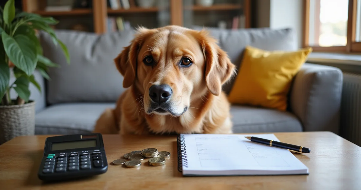 Ein Golden Retriever sitzt neben einem Tisch mit Taschenrechner, Münzen und Notizbuch – Bild für tierisch-sparen.de