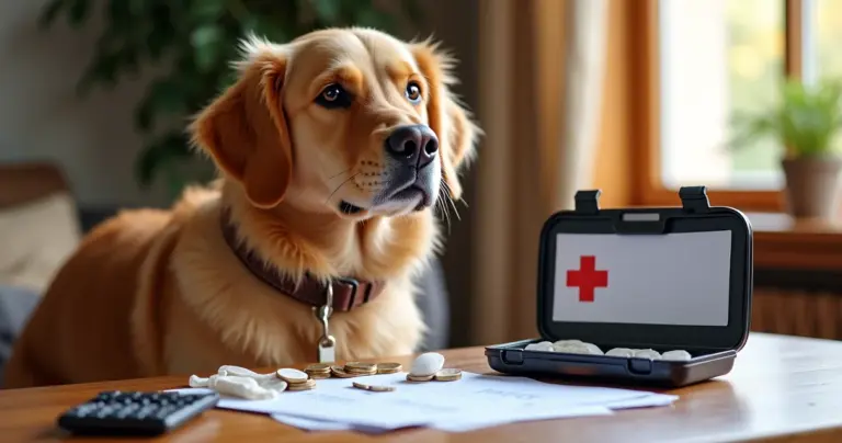 Golden Retriever sitzt neben Tisch mit Erste-Hilfe-Set und Münzen – Tierisch Sparen Ratgeber zu Notfallkosten absichern.