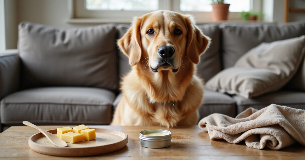 Ein Golden Retriever sitzt neben einem Tisch mit selbstgemachtem Pfotenbalsam – Tierisch Sparen Ratgeber.