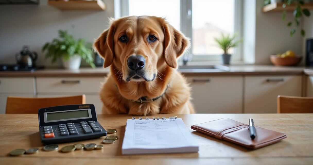 Golden Retriever neben Tisch mit Einkaufszettel und Münzen – Tierisch Sparen Ratgeber zum Thema Preisvergleich online vs. stationär.