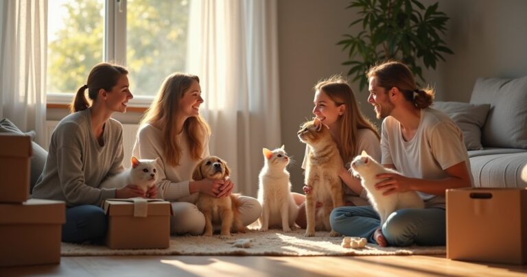 Tierisch-sparen.de zeigt Haustierfreunde bei einer Sammelbestellung für Futter und Zubehör im Wohnzimmer.