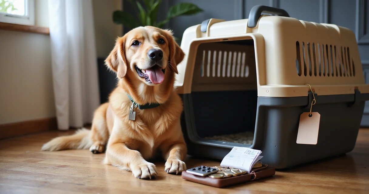 Golden Retriever neben Transportbox und Geldbeutel – tierisch-sparen.de Ratgeber zum Thema kaufen oder leihen