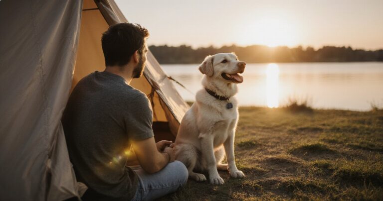 Hund mit Rucksack sitzt vor Zelt am See – tierisch-sparen.de Tipps für günstigen Urlaub mit Hund