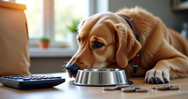 Ein Golden Retriever neben Futternapf und Sparutensilien – tierisch-sparen.de Motiv zum Thema günstige Alternativen zu Markenfutter.