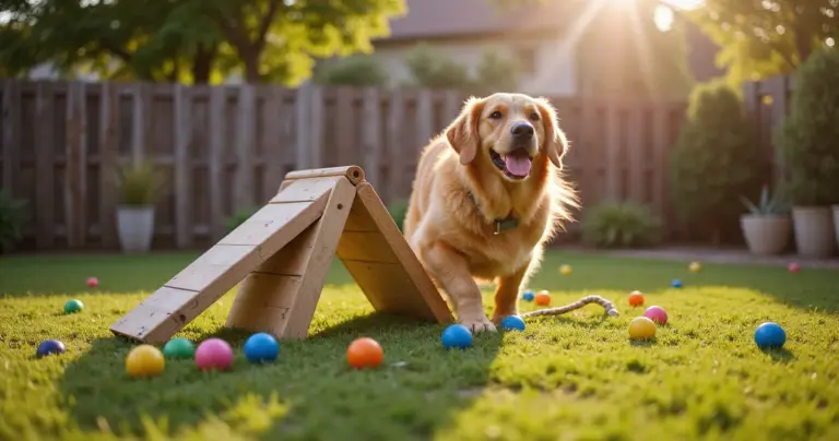 Golden Retriever spielt auf selbstgebautem Hundespielplatz im Garten – tierisch-sparen.de Ratgeber