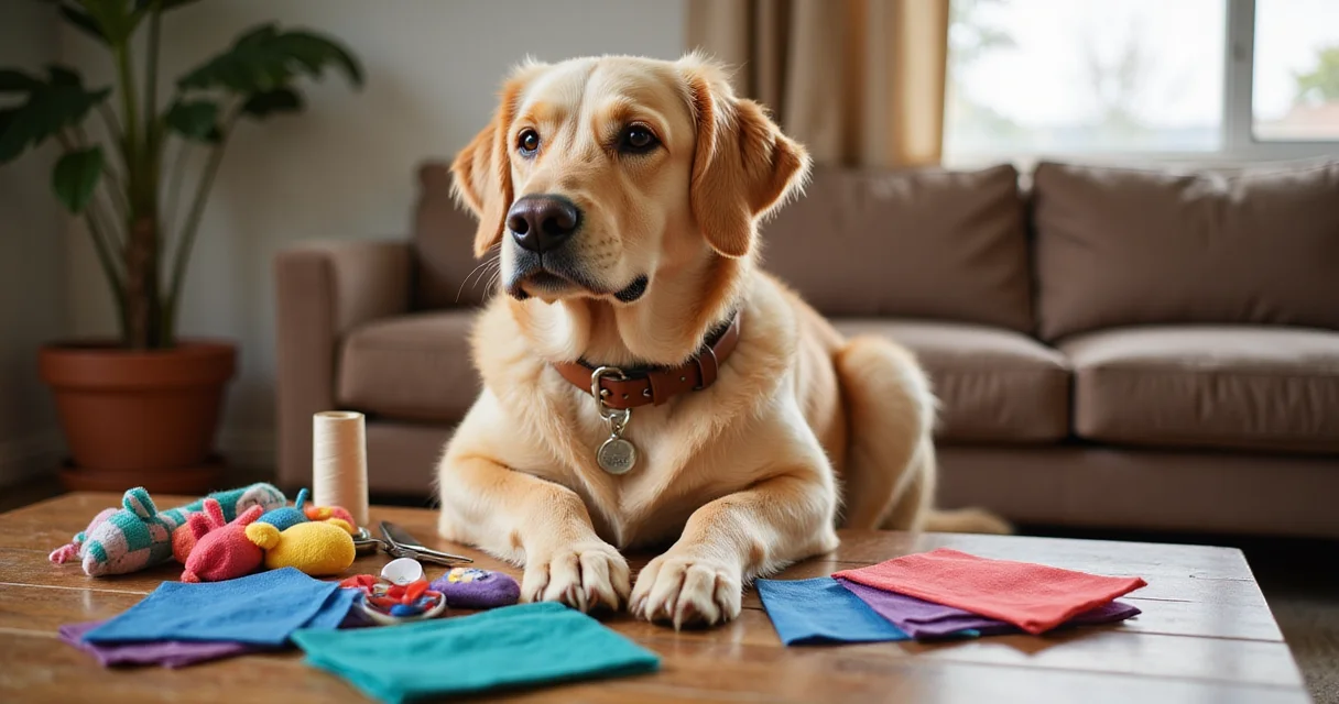 golden retriever mit selbstgenähtem Hundespielzeug aus Stoffresten – tierisch-sparen.de Inspiration