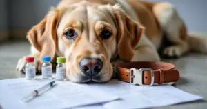 Golden Retriever beim Tierarzt mit Impfunterlagen – tierisch-sparen.de Ratgeber zum Thema Impfungen bei Haustieren