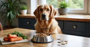 Golden Retriever mit Futternapf und frischem Gemüse auf dem Tisch – tierisch-sparen.de zeigt nachhaltiges Bio-Futter