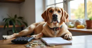 Tierisch Sparen – Golden Retriever neben Tisch mit Einkaufsliste, Münzen und Rechner zur Darstellung von Coupon-Kombinationen.