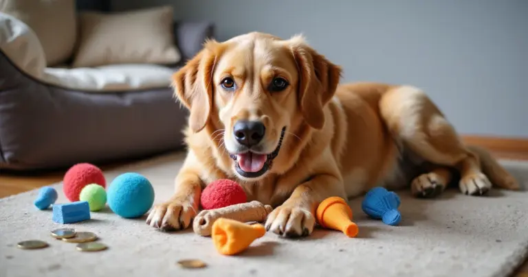 Golden Retriever spielt mit buntem Spielzeug – Foto für tierisch-sparen.de