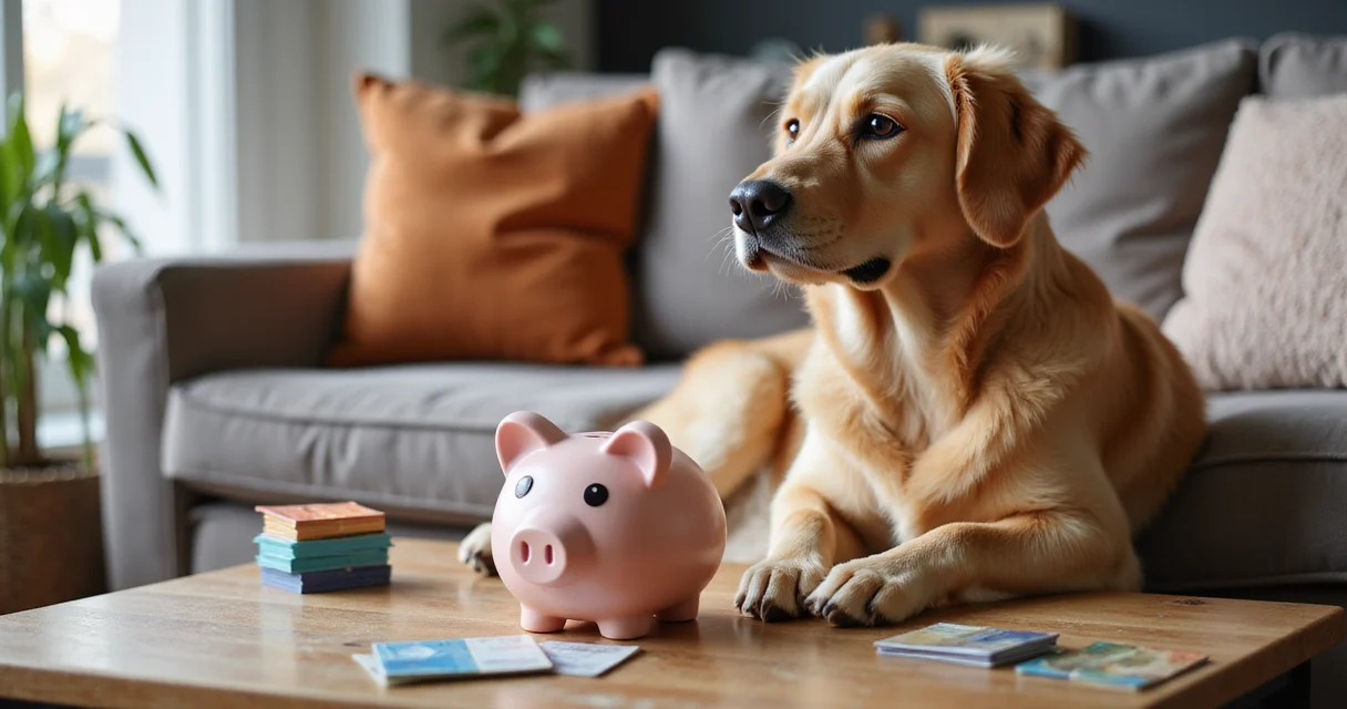 Ein Golden Retriever sitzt an einem Tisch mit Versicherungsunterlagen und Münzen – Symbolbild für Tierversicherung bei tierisch-sparen.de