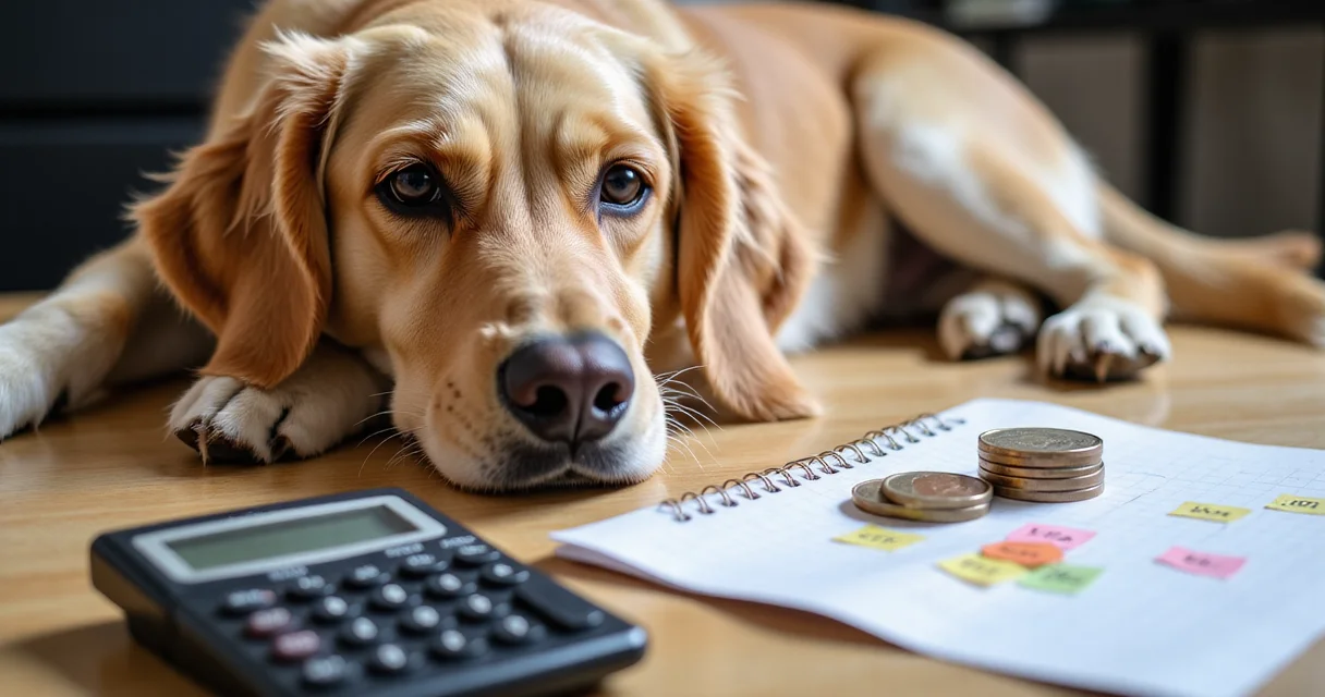 golden retriever mit Haushaltsbudget-Objekten auf einem Tisch – tierisch-sparen.de Sparratgeber