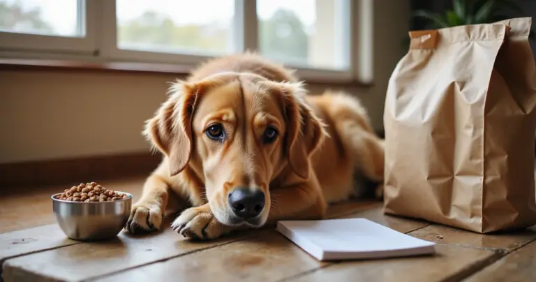 Tierisch Sparen – golden retriever neben sauber sortierten Großpackungen mit Futterschaufel auf Holztisch