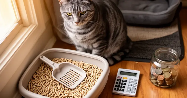 Katze neben Katzenstreu mit Sparsymbolen – Spartipps rund um Tierstreu auf Tierisch Sparen