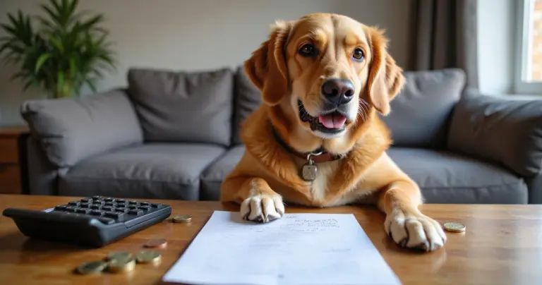 Golden Retriever neben Spartools wie Rechner und Einkaufsliste – tierisch-sparen.de zeigt, wie Lagerverkäufe beim Tierbedarf helfen.
