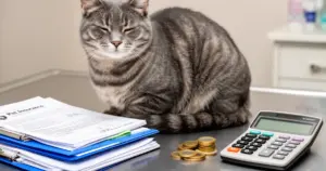 Tierisch Sparen – Katze beim Tierarzt mit Unterlagen zur Katzen-OP-Versicherung