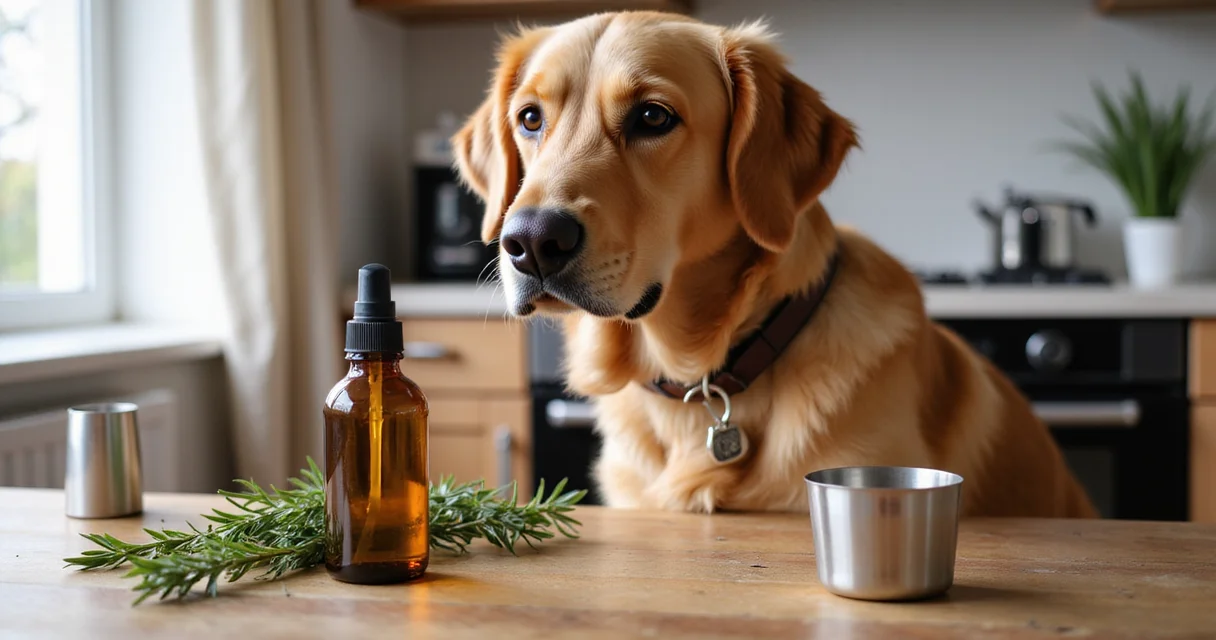 Golden Retriever mit DIY Zeckenspray auf einem Holztisch – tierisch-sparen.de Ratgeberbild.